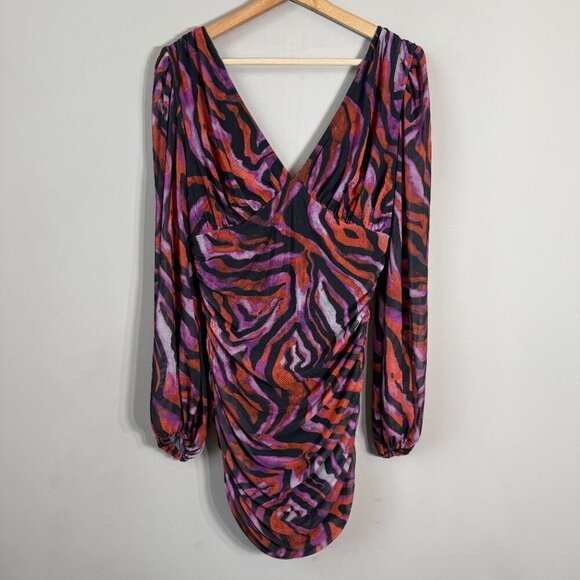 ASOS Zebra Print Plunge Long Sleeve Mini Dress Women's 10 Going Out Party Ruched - Picture 4 of 13